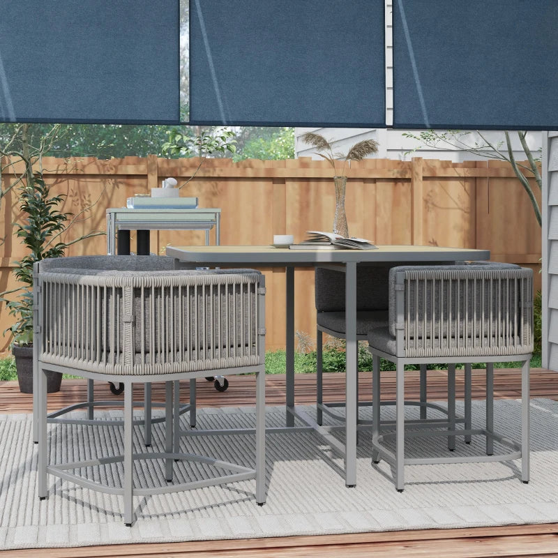 5-Piece Grey Rattan Dining Set with Cushions and Stone Composite Board Top