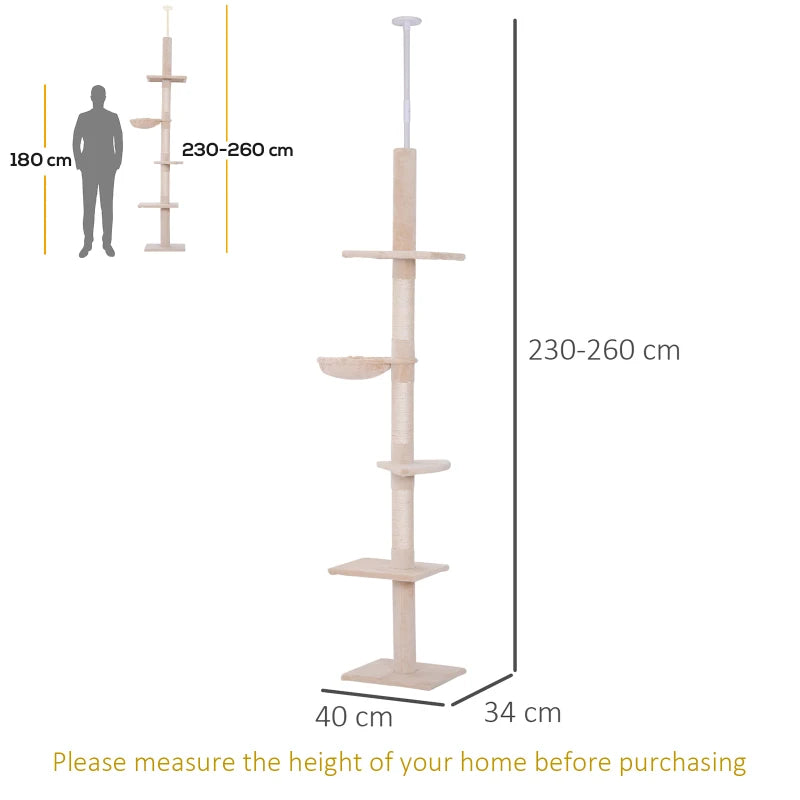 Adjustable 5-Tier Floor to Ceiling Cat Tree 230-260cm - Scratching Post, Hammock & Perches for Indoor Kittens - Beige
