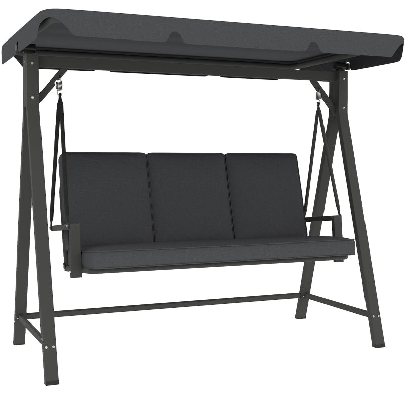 Dark Grey Three-Seater Garden Swing Bench with Adjustable Canopy for Outdoor Relaxation