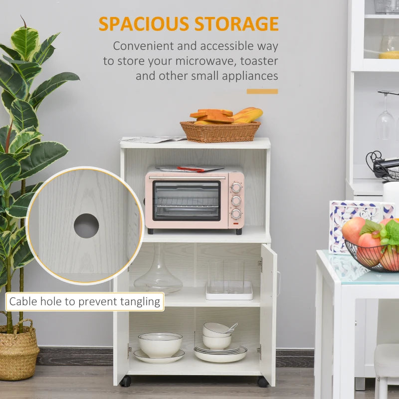 Modern Kitchen Storage Unit - Microwave Stand Trolley Cart with Locking Wheels, Sideboard & Shelf for Living Room/Dining Room - White