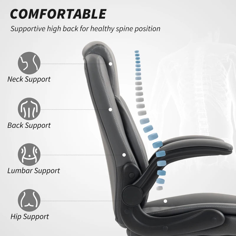 Charcoal Grey Faux Leather Office Chair with Flip-Up Armrests - Ergonomic Design for Comfort and Style