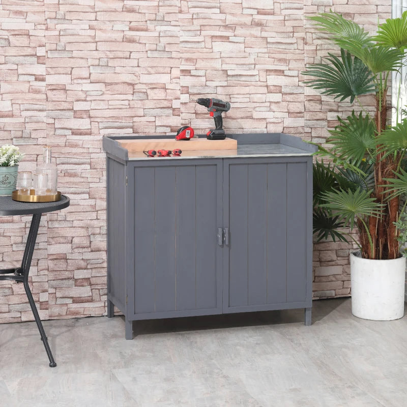 Grey Outdoor Garden Storage Cabinet with Galvanized Top and Shelves