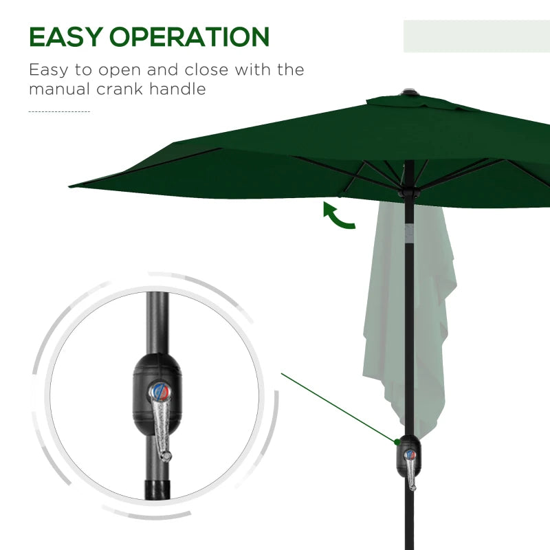 Green Rectangular Outdoor Market Umbrella with Crank Tilt, 6 Ribs, Aluminium Pole, 2x3m