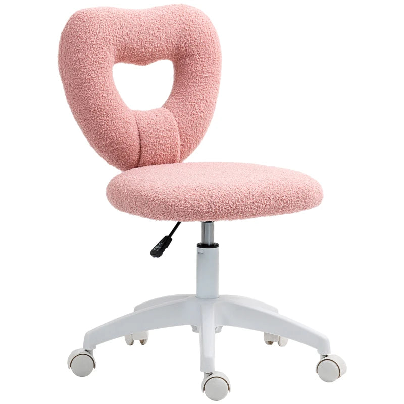 Pink Armless Heart Computer Desk Chair - Teddy Fleece Swivel Office & Makeup Vanity Chair, Height Adjustable with Wheels for Home Study