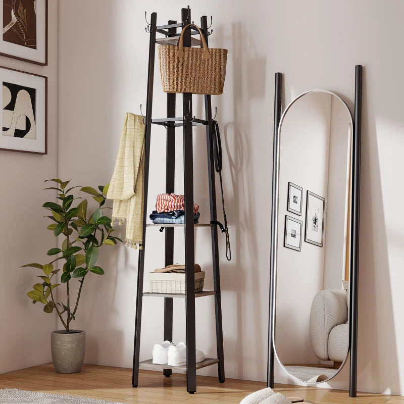 Industrial-Style Four Shelf Coat Stand - Modern Grey and Black Entryway Organizer for Coats, Hats, and Accessories