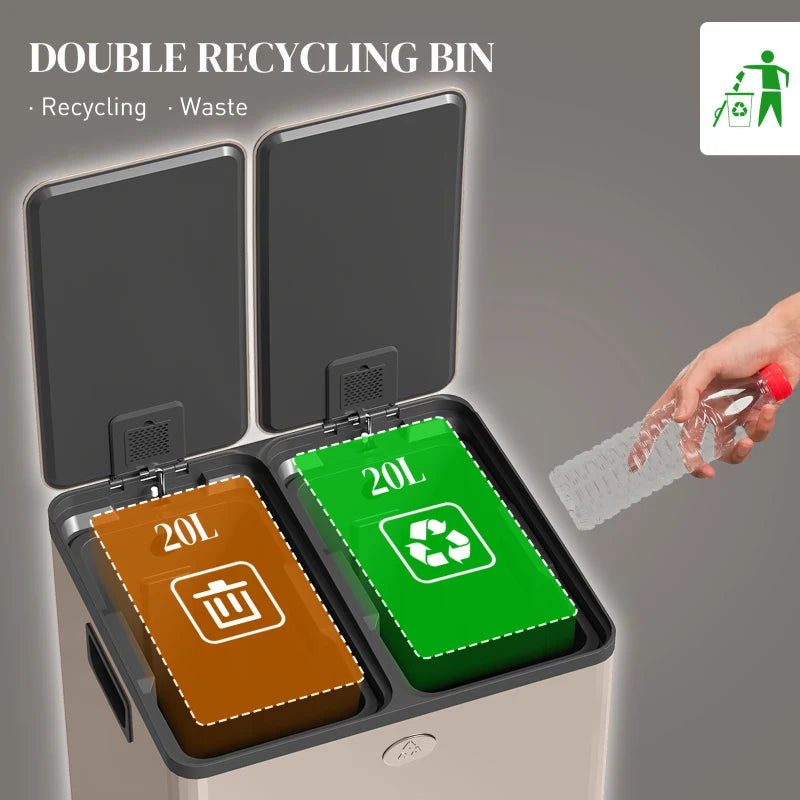 40L Dual Compartment Stainless Steel Trash Bin with Deodoriser Holders - Elegant Gold Tone for Modern Kitchens