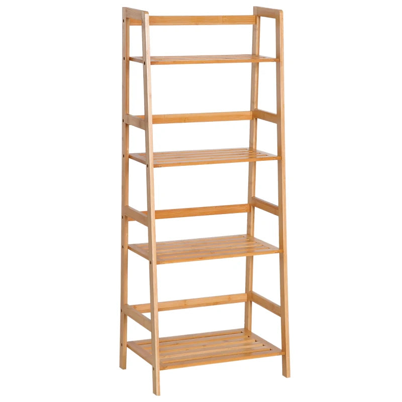 Bamboo Ladder Shelf - 4-Tier Freestanding Bookcase for Living Room, Study & Home Office - Natural Wood Effect, 48x31.5x120cm