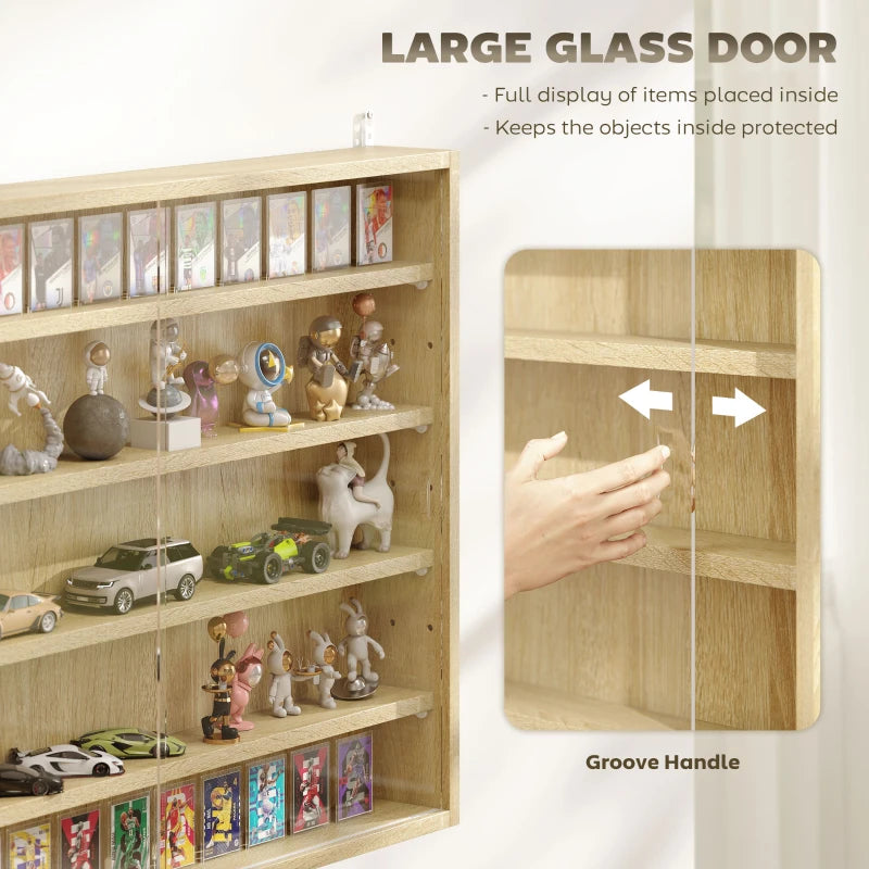 5-Tier Oak Wall Display Shelf Unit with Glass Doors & 4 Adjustable Shelves - Perfect for Home Office Ornaments 60x80cm