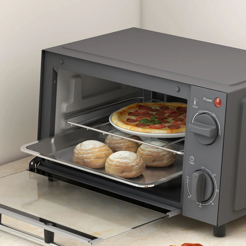 Compact 9L Mini Oven & Electric Grill - Adjustable Temp, Timer, Dishwasher Safe Tray, 750W, Grey Countertop Toaster Oven