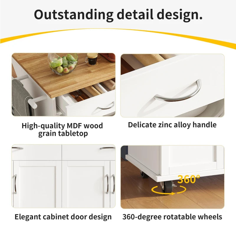 Waterproof Kitchen Island Trolley with Rolling Casters & Adjustable Shelf - Elegant White Kitchen Cart with Folding Side Board, 128L x 78W x 90.5H cm