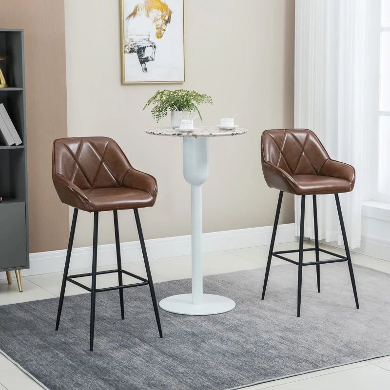 Retro Bar Stools Set of 2 - Stylish Breakfast Bar Chairs with Footrest, Steel Legs, Perfect for Kitchen & Home Bar, Brown