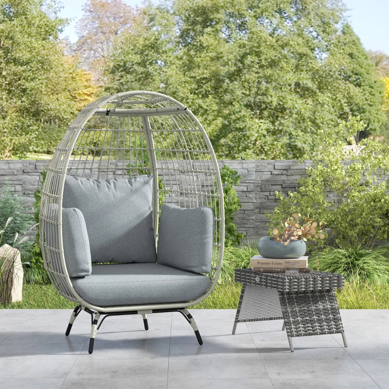 Stylish Rattan Egg Chair with Cushions and Pillows in Charcoal Grey for Outdoor Relaxation