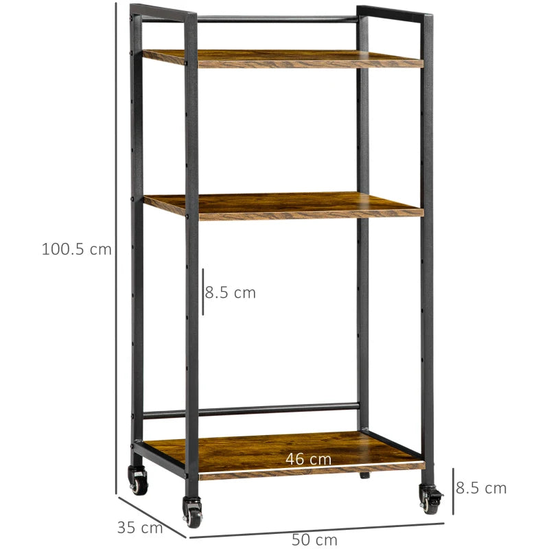 3-Tier Rolling Printer Stand with Adjustable Shelves & Lockable Wheels - Rustic Brown Utility Cart for Home Office