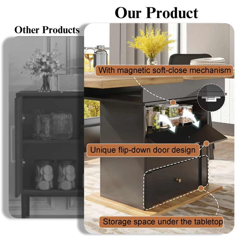 Telescopic Foldable Kitchen Table for 4-6 People with Soft-Close, Hidden Storage, 110x80x75 cm, Black & Natural Finish