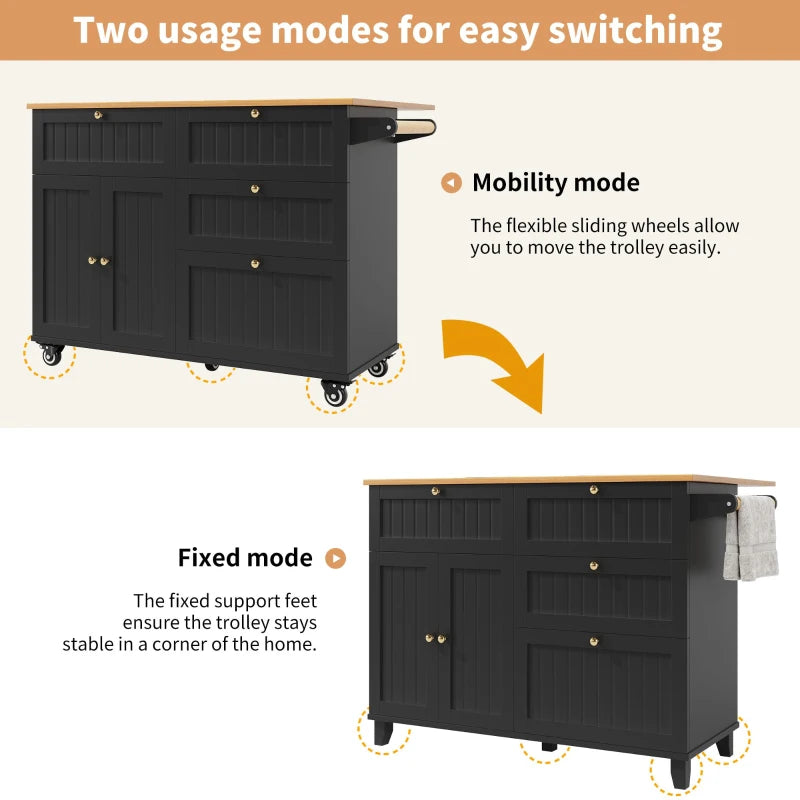 Rolling Mobile Kitchen Island Cart with Storage Drawer & Towel Rack, Drop Leaf Breakfast Bar, 121x70x88 cm, Black