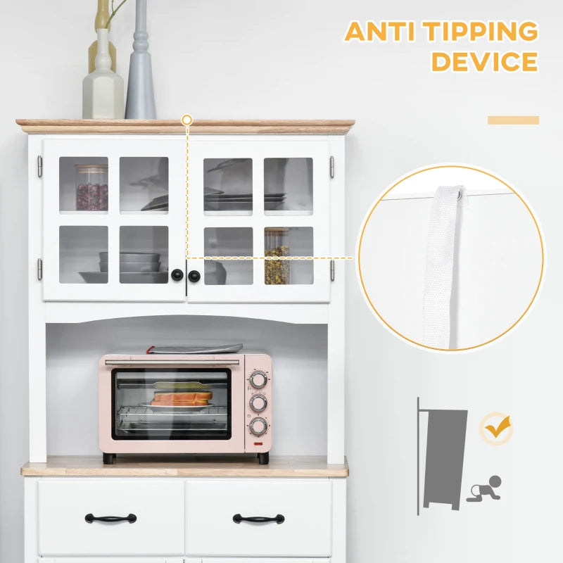 Freestanding Kitchen Cupboard with Glass Doors & 2 Drawers - Stylish White Storage Cabinet for Microwave & Kitchen Essentials