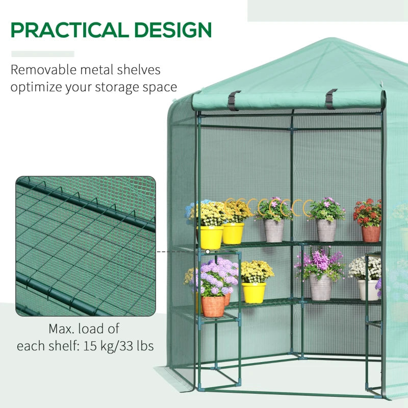 Hexagon Outdoor Greenhouse with Shelves, Waterproof Cover, Green