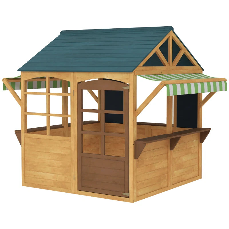 Wooden Playhouse for Kids with Foldable Design Windows Working Door and Service Stations