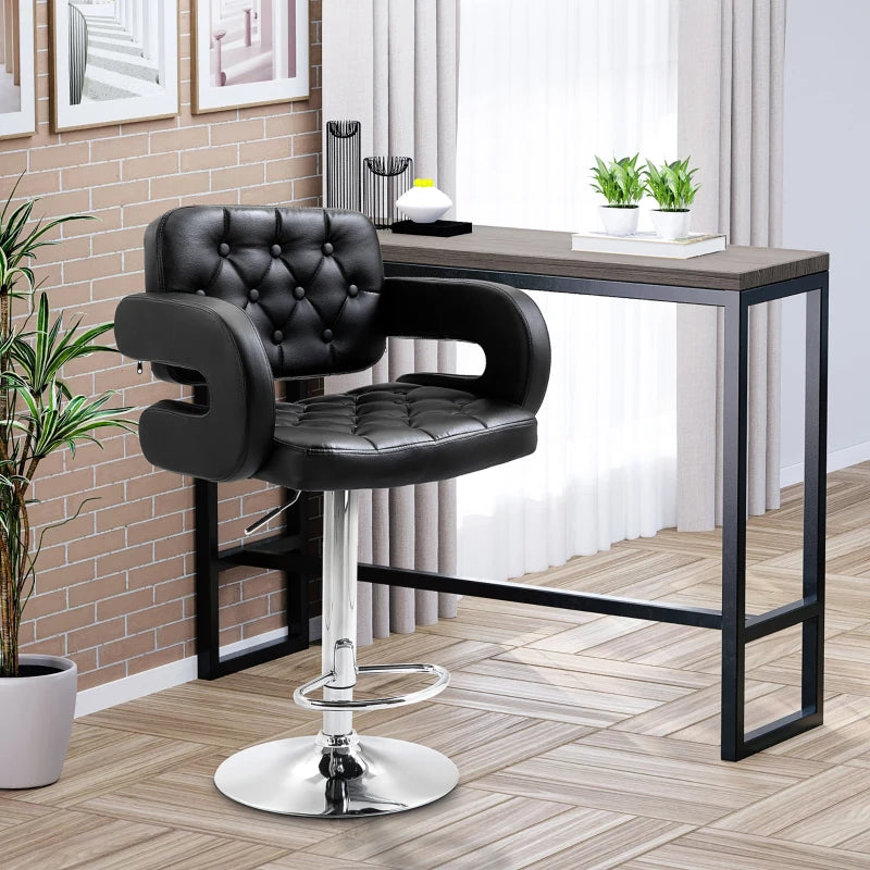 Height Adjustable PU Leather Swivel Bar Stool with Back Armrest and Footrest in Black