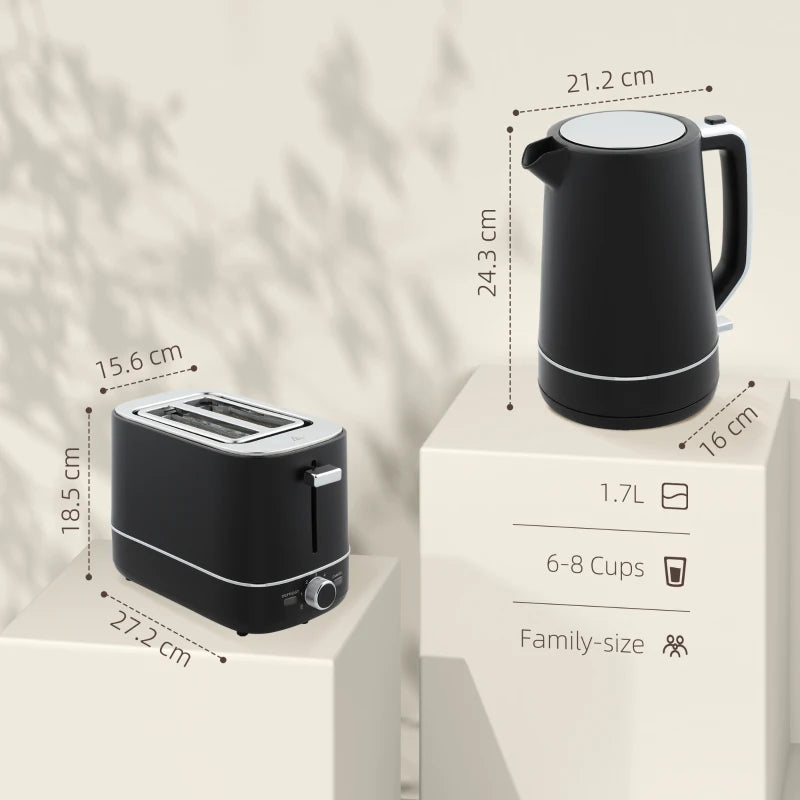 Premium Black Kettle and Toaster Set - 1.7L Fast Boil 3000W Kettle & 2 Slice Toaster with 6 Browning Levels