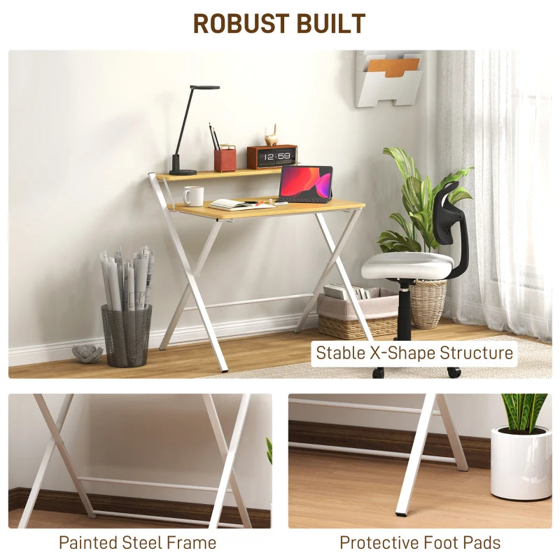 Compact Folding Desk for Small Spaces - Foldable Computer Desk with Storage Shelf, 2-Tier Writing Table, Maple Wood-effect, 86x66x82 cm