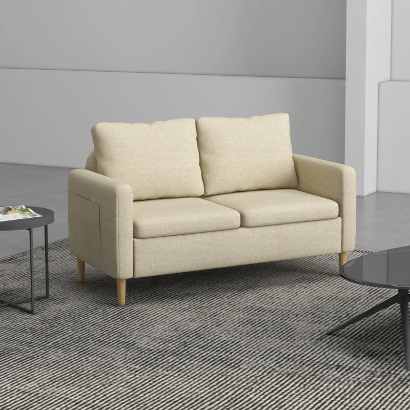 Modern Two-Seater Sofa for Living Room, Stylish Fabric Couch with Wooden Legs and Storage Pockets, Beige