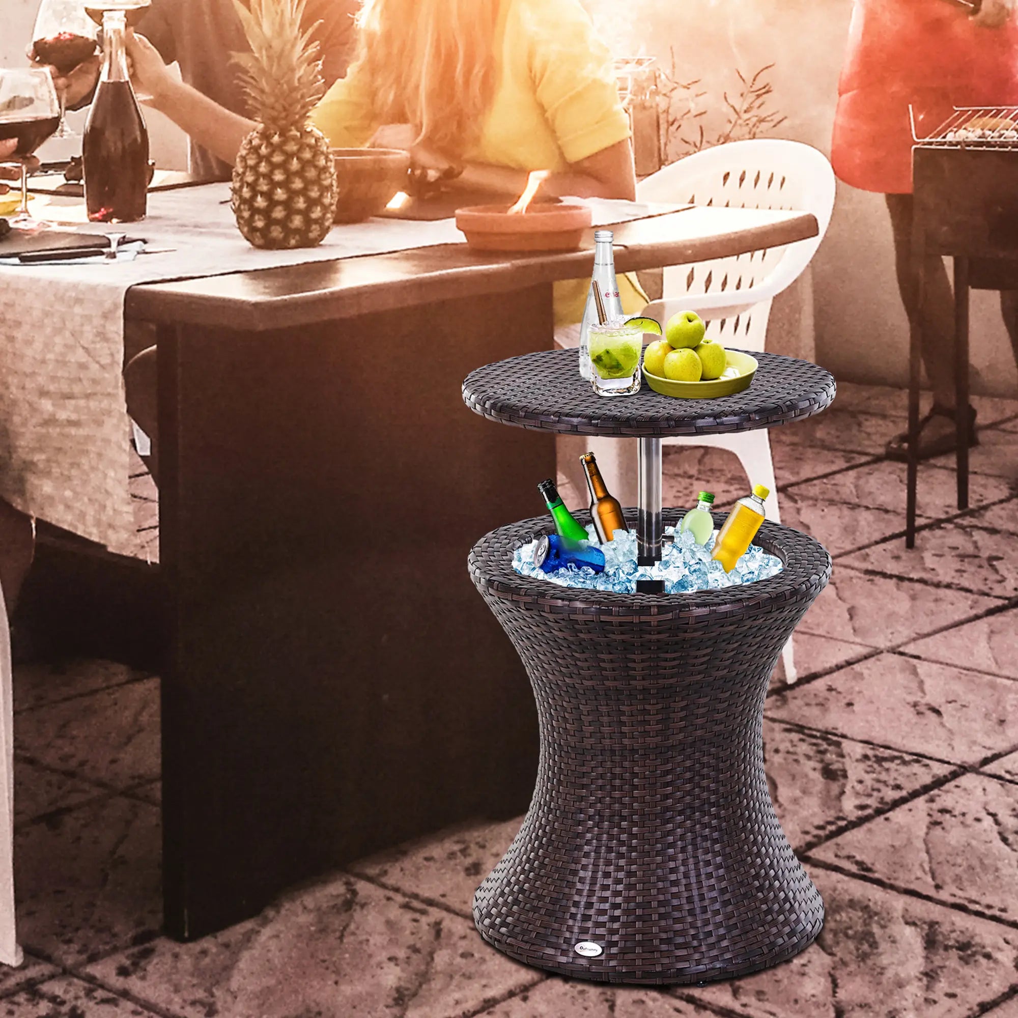 Brown Rattan Ice Bucket Table for Outdoor Bar and Patio