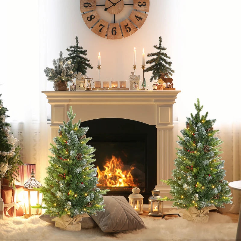 Set of 2 Pre-Lit 3ft Christmas Trees with Berries & Pinecones - Perfect Holiday Decor for Home & Office
