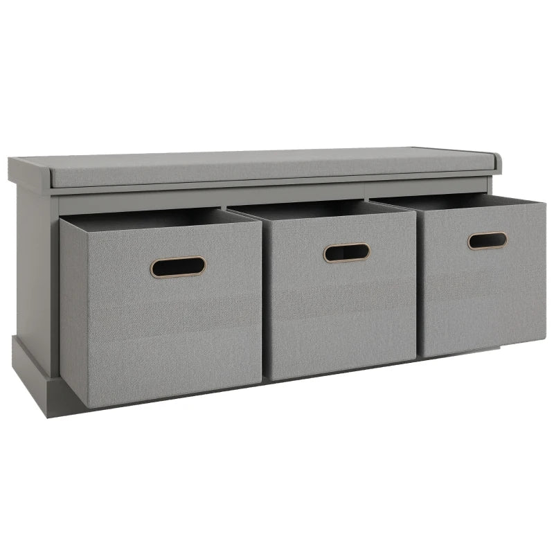 Three Drawer Shoe Storage Bench with Padded Top Seat in Grey