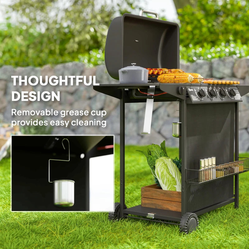 4+1 Burner Portable Gas BBQ Grill with Thermometer, Side Table, Wheels for Outdoor Cooking