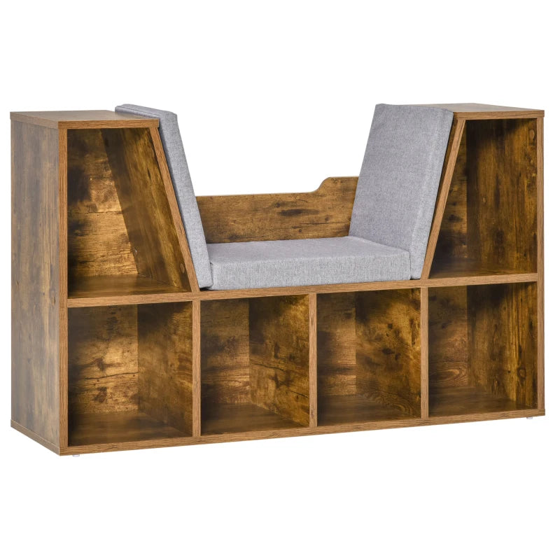Rustic Brown Bookcase Storage Shelf with Cushioned Reading Seat - Cube Bookshelf Organizer for Bedroom & Living Room