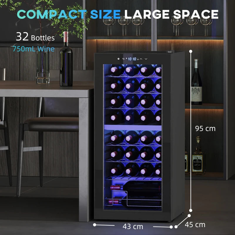 32 Bottle Dual Zone Wine Fridge - Black, Adjustable Temperature 5-18°C, Perfect for Wine Lovers & Collectors