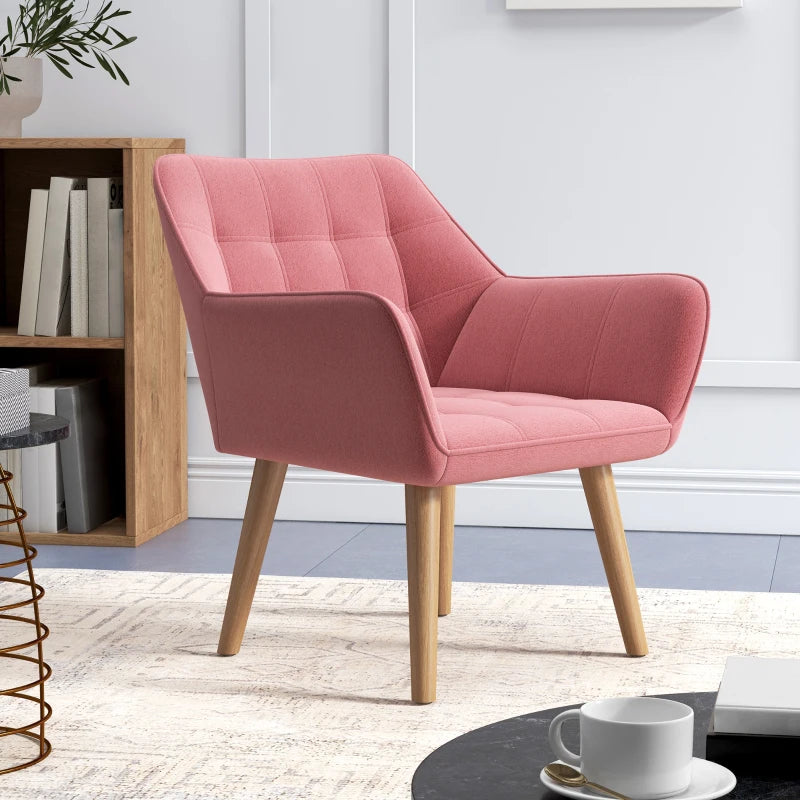 Stylish Pink Accent Chair with Wide Arms, Slanted Back, Thick Padding and Rubber Wood Legs for Living Room