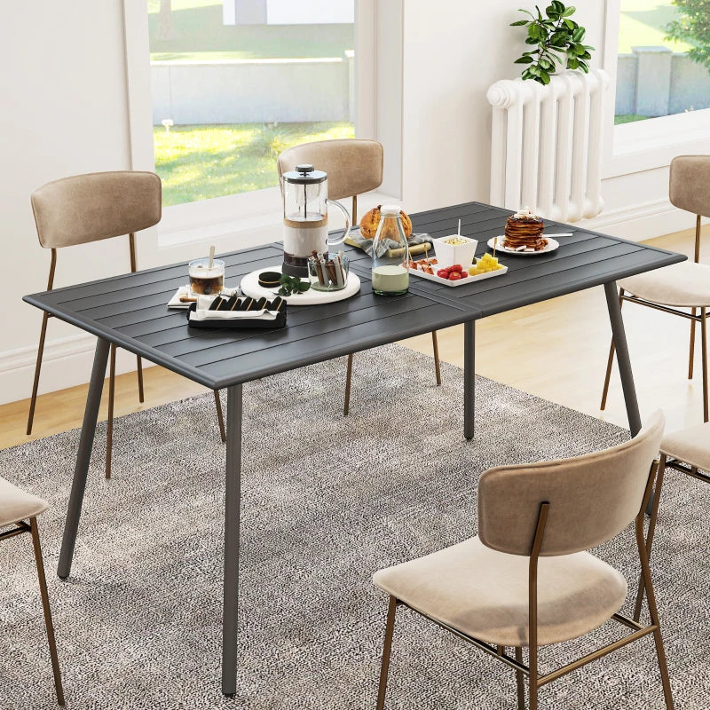 Outdoor Rectangle Garden Table for 6 - Slat Top, Steel Frame, 150x80 cm, Grey