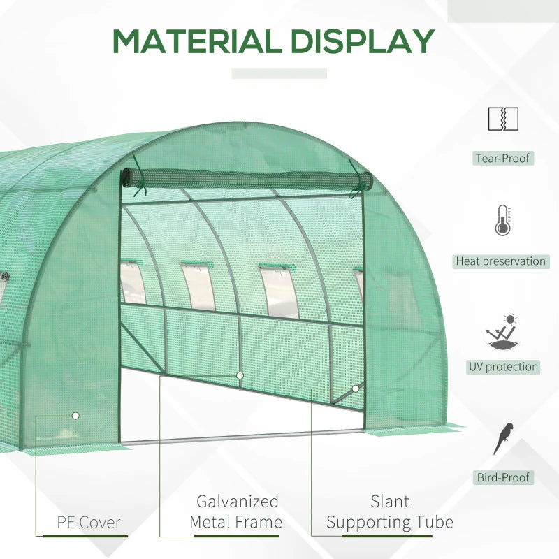 Green Walk-in Garden Tunnel Greenhouse, 6x3M, Roll-Up Door, 8 Windows