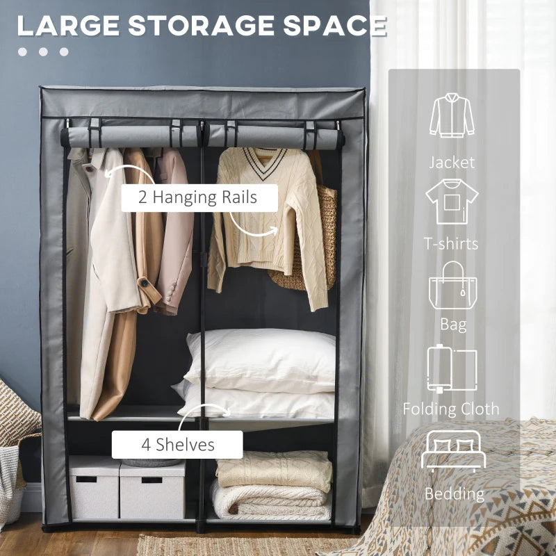 Light Grey Steel Frame Fabric Wardrobe with Rail and Shelves for Organized Storage