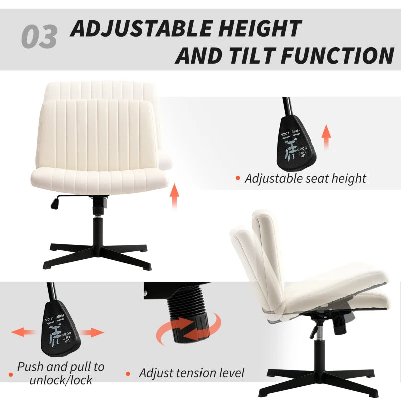Armless Linen Fabric Office Chair - Criss Cross Legs, Wide Seat, Thick Padding, Adjustable Height, Cream - No Wheels