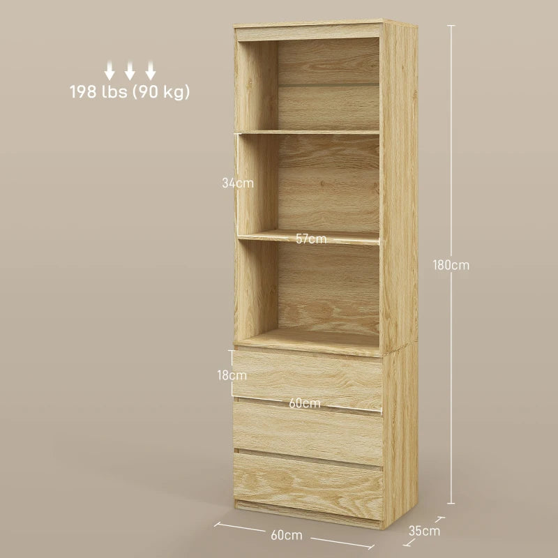 180cm Tall Wood Effect Bookcase with Shelves and Drawers - Stylish Storage Solution for Home or Office