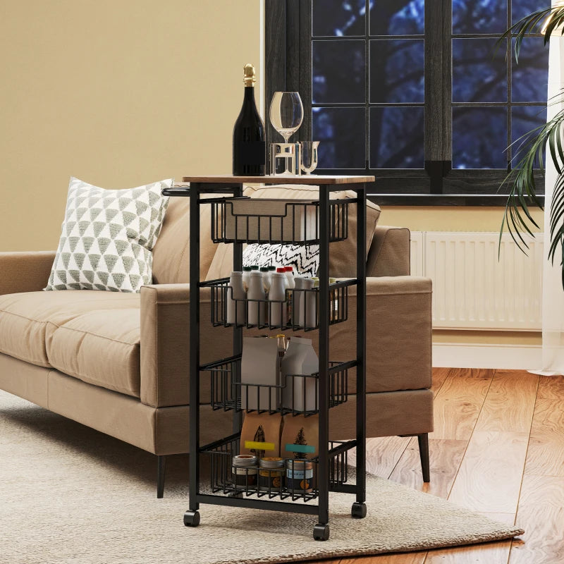 Stylish Four Basket Mobile Kitchen Island with Brakes - Oak and Black Finish for Easy Mobility and Storage