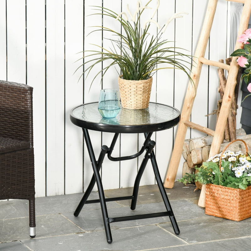 Black Round Glass Garden Folding Table with Safety Buckle