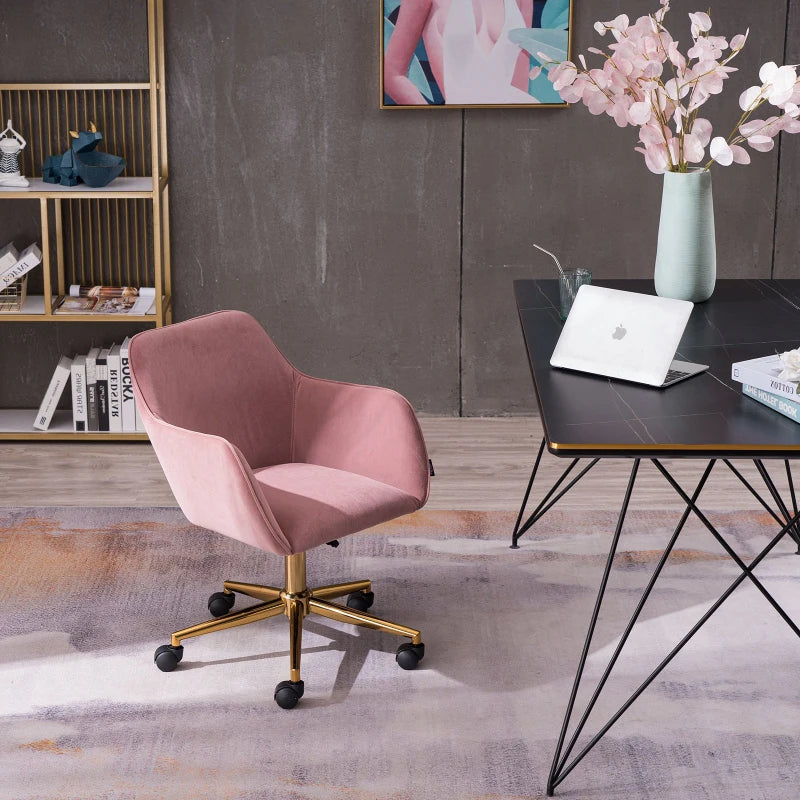 Elegant Pink Velvet Swivel Office Chair with Gold Legs and Ergonomic Backrest, Adjustable Height, 58x58x86 cm