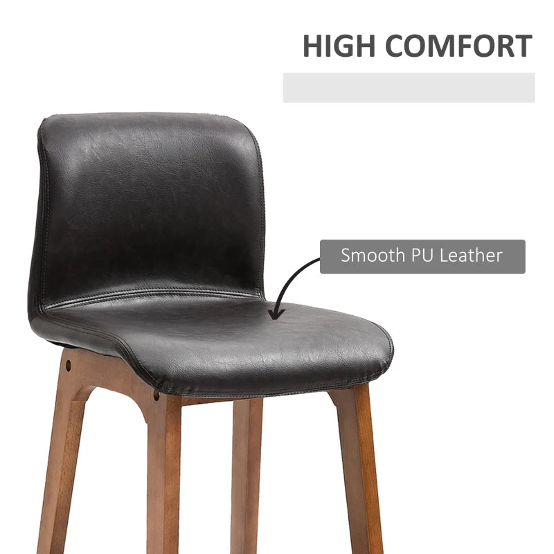 Modern Bar Stools Set of 2 - PU Leather Upholstered Chairs with Wooden Frame & Footrest for Home Bar & Dining Room