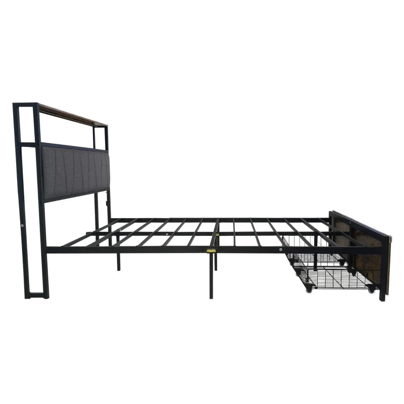 Stylish Black & Dark Walnut Double Bed Frame with Storage Drawers, RGB LED Headboard & Charging Station - 205L x 136W x 116H cm