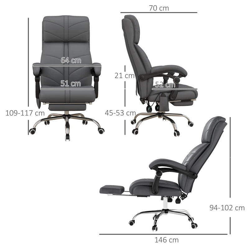 Vinsetto High Back Massage Office Chair with Heat & Footrest - Grey PU Leather Reclining Computer Chair