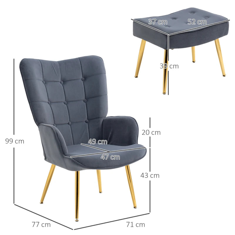 Stylish Velvet Wingback Armchair with Footstool for Living Room, Bedroom or Home Office in Dark Grey
