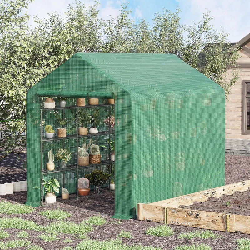 Portable Green 4 Tier Walk-in Greenhouse with Roll-up Door, 244 x 180 x 210cm