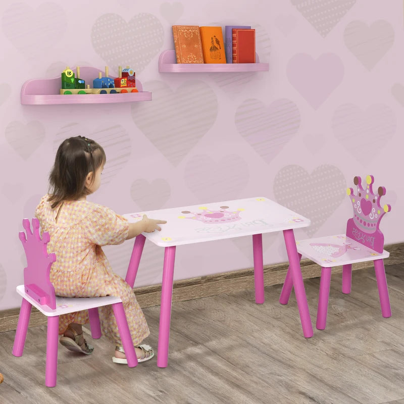 3-Piece Kids Table and Chair Set - Princess & Crown Theme - Pink Home Furniture Gift for Ages 2-4