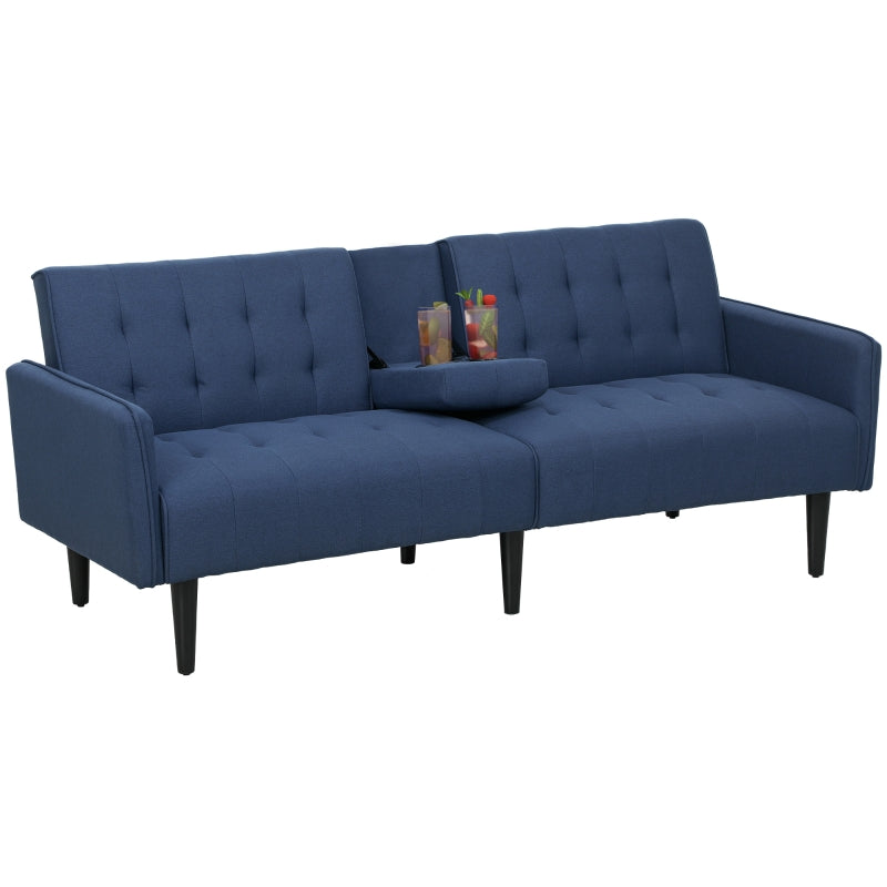 Dark Blue Three-Seater Sofa Bed with Cupholders for Comfort and Style in Your Living Room