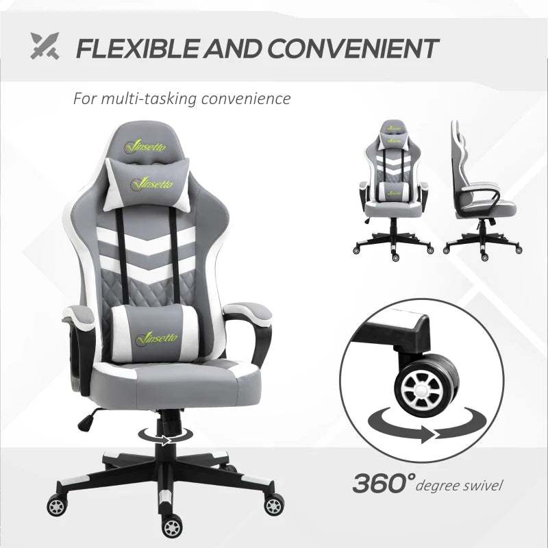 Vinsetto Gaming Chair - Ergonomic Computer Desk Chair with Lumbar Support, Faux Leather, Headrest & Swivel Wheels - Grey White