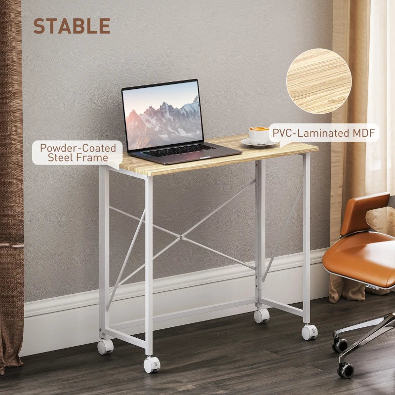 80 cm Folding Desk on Wheels - Natural Tone, Space-Saving Portable Workstation for Home Office, Study, and Crafting